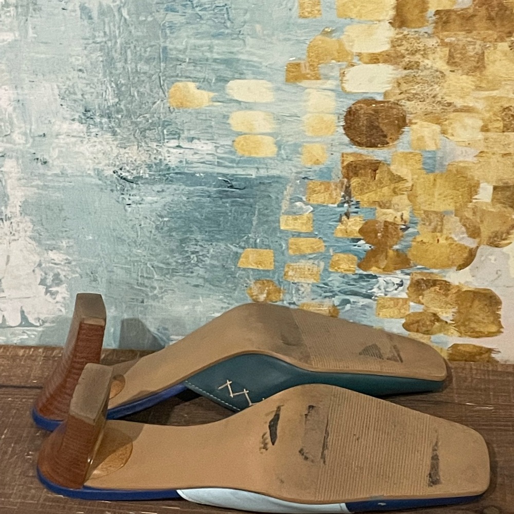 Danelle Blue Patchwork Square Toe Mule Heels - image 8